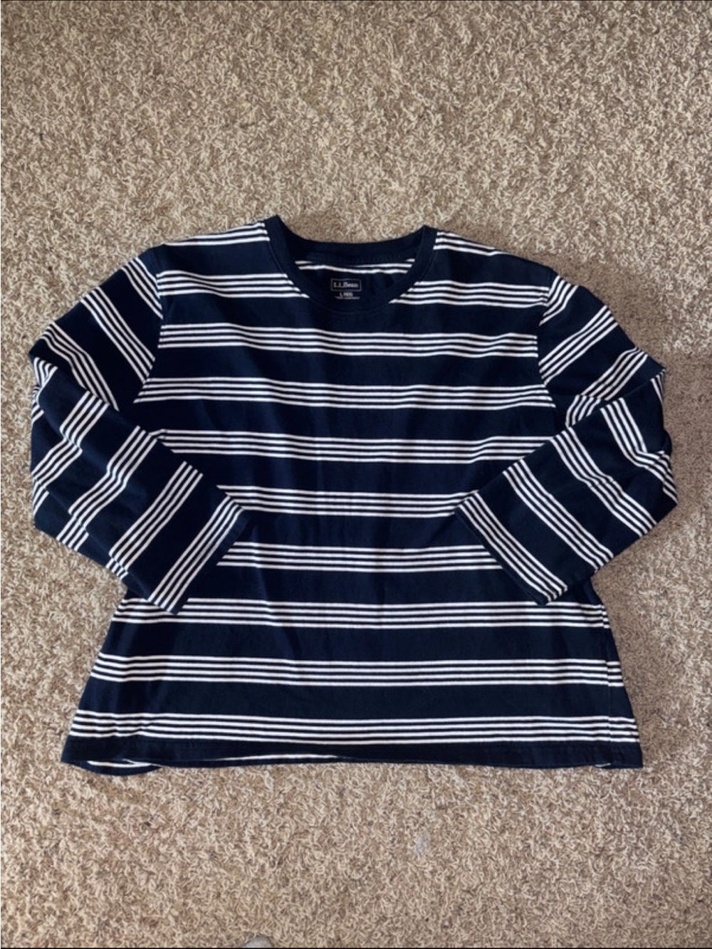 L.L. Bean navy blue and white striped long-sleeve crewneck tee.
